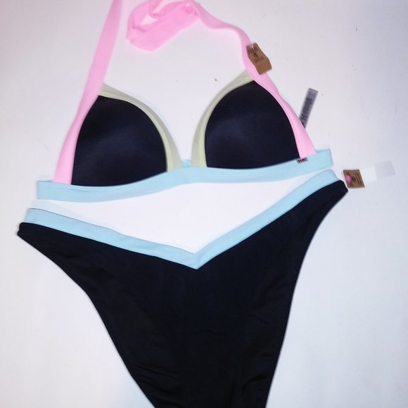 Victoria Secret PINK Swim Bikini XL Top XXL Bottom Black Pink‎ Blue Green Padded - Picture 3 of 12